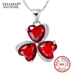 YHAMNI Luxus 100% 925 Sterling Silber Halskette Neue Mode Schmuck Rote Herz Kristall Clover Anhänger Halskette Für Frauen N880