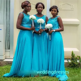 安くターコイズブライドメイドのドレスのロングメイドの結婚式のパーティーゲストのための名誉ドレスのためのラインスクープレースシフォン南アフリカ