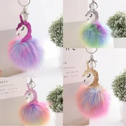 Hot Anime Horse Toy Cute Metal Key Chain Plush Toy Pendant Women Fluffy Fur Keyring Bag Hang Plush Toy