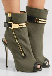 2017 Summer Botki Botki Army Zielone Skórzane Sandały Buty Kobiety Peep Toe Botki Side Zip Mujer Botas Back Otwarte Cienkie Obcasy Buty Party