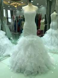 2019 High Quality Real Pictures Mermaid Long Wedding Dress Luxury Dubai Sheer Beaded Ruffles Organza Bridal Gown Plus Size Custom Made