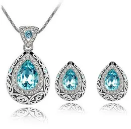 Top Quality Vintage Design Silver Plated Colorful Austrian Crystal stone Necklace Earrings jewelry Set for Women Wedding Bridal Jewelry Set