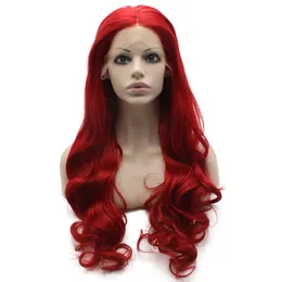 Parrucca da festa rossa con capelli sintetici lunghi ondulati legati a mano in pizzo