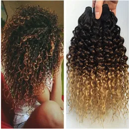 Three Tone 1B/4/27 Kinky Curly Ombre Human Hair Extensions 3Pcs Dark Root Brown to Honey Blonde Ombre Human Hair Weave Bundles