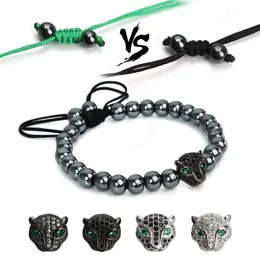 Wholesale- Anil Arjandas Pave Setting CZ Leopard Head Men Bracelet Black Hematite Beaded Macrame Bracelets For Women Pulseras Hombre F3727