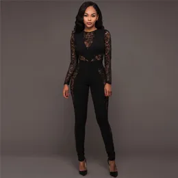 Wholesale- Sexy Lace Hollow Out Women High Waist Jumpsuit 2017 Autumn Full Sleeve Solid Women Bodycon Overalls Romper Club Wear Playsuits