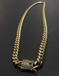 Mens 18k guldton 316L rostfritt stål kubansk länkkedja halsband trottoark kubansk länkkedja med diamanter lås lås