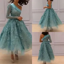 Jedno ramię Prom Dresses Mint Green 3D Floral Aplikacje Suknie Wieczorowe Długie Rękawy Długość Długość Linia Vestidos