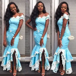 Sky Evening Light Blue with White Lace Applique Off Shoulder Mermaid Party Aso Ebi Back Zipper Custom Made Formal Ocn Gowns