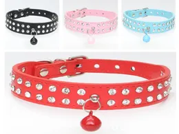 50pcs/lot Fast shipping 2 Row Bling Crystal Rhinestone PU Leather Pet Collars Cat Dog Collar Neckla With bells