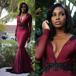 Sexy Deep V Neck Prom Dresses 2017-2018 Burgundy Mermaid Long Sleeves Evening Gowns With Black Sequins Appliques Open Back Women Formal Wear