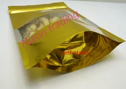 10*15cm, 100pcs/lot X Gold Stand up aluminum foil ziplock bag with clear window-pack toy/doll reopenable plastic sack