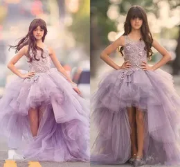 2019 New Girls Pageant Dresses Princess Tulle High Low Length Lace Appliques Lilac Kids Flower Girls Dress Ball Gown Cheap Birthday Gowns 91