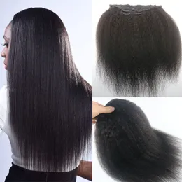 Afro Kinky Straight Brazilian Human Hair Clips Hair Extension 1B Natural Color Hair African American 7PCS 120gram