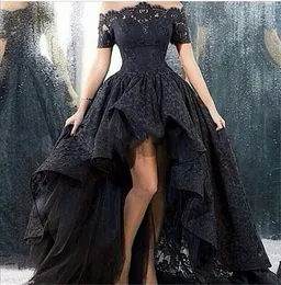 오프 어깨 파티 파티 드레스 2019 매력적인 마르 살라 보트 넥 코르셋 블랙 하이 로우 레이스 짧은 소매 이브닝 드레스