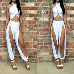 Wholesale-Wholesale Price Women Sexy Cut Out Halter Jumpsuits Ladies' Fashion Hollow Out Cross Open Legging Rompers Split Loose Trousers