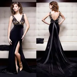 Dresses Noble Sexy Evening Plunging Sleeves Black Veet Prom Gowns Backless with Applique and Bow Sweep Train Custom Made Formal Party Gown