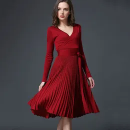 Spring Autumn European style sexy knit dress V neck pleated skirt with Sashes 7 colors 2021