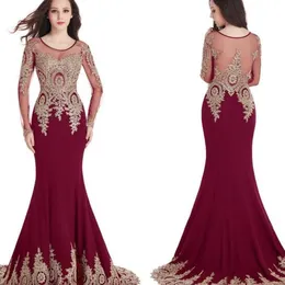 Billiga långa ärmar i lager Scoop Sheer Neckline Mermaid Gold Lace Appliques Bourgogne Evening Prom Klänningar Robe de Soiree Longue Party Gown