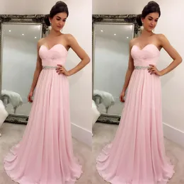 Cheap Pageant Dresses Pink Chiffon Prom Dressess Ruched Top Sweetheart Sleeveless Crystals Long Formal Evening Party Gowns Sweep Train