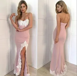 2017 New Pink Chiffon Ivory Lace Mermaid Weding Guest Dresses Cheap Sexy Sweetheart Side Split Formal Dresses Evening Custom Made EN6202