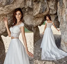 New Summer Two Pieces Bohemian Wedding Dresses 2020 Illusion Neck Cap Sleeve Court Train Lace Tulle A-Line Beach Bridal Gown Robe de mariee