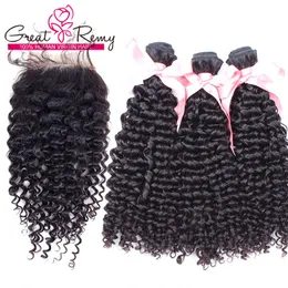 Greatremy® Unprocessed Peruvian Human Hair Extensions Curly Wave 1pc Lace Closure With 3pcs Bundles Remy Hair Closure 4x4 Full Head