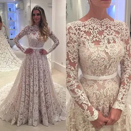 2019 Abiti da sposa in pizzo Una linea lunga manica illusione Abiti da sposa Collo trasparente Cava indietro Cappella treno Abiti da Noiva Vinbtage Immagine reale