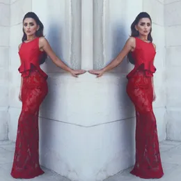 Elegant Red Two Pieces Evening Gowns Satin Top Lace See Through Skirt Sheath Prom Dresses Sleeveless Formal Party Dress Custom Made