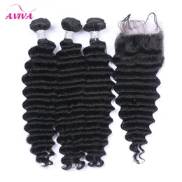 4Pcs/Lot Brazilian Deep Wave Virgin Human Hair Weaves With Closure 4*4Size Lace Closure With 3 Bundles Unprocessed Brazilian Deep Curly Hair