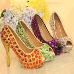 Newest Designer Crystal Colorful Rhinestone Peep Toe Bridal Wedding Shoes Purple Silver Green AB Crystal Red Stiletto Party Prom 12cm