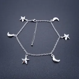 Rostfritt stål Anklets Mode Smycken Ankel Armband Star och Moon Charm Vattentät 23 + 5 cm Justera till 11 "Fabriksbjudande