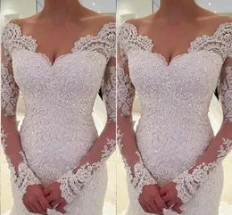 2021 Nuevos vestidos de novia de sirena modernos Mangas largas Cuello en V Apliques de encaje de marfil blanco Tren de corte con cuentas Sheer Back Custom Bridal362P