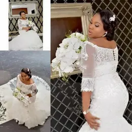 Land Lace Bröllopsklänningar Afrikanskt Plus Storlek Half Sleeve Lace Appliques Off Shoulder Mermaid Bridal Gowns Täckt Knapp Anpassad Made