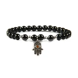 Free Shipping New Religious Jewelry Micro Pave Black Cz Fatima Hand Hamsa With 6mm Natural Black Onyx Stone Beads Pendant Bracelets