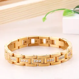 Unisex Charming Gifts 7.87'' 12mm Stainless Steel High Quality Cubic Zirconia Bracelet Women Men's Cool Jewelry Gold