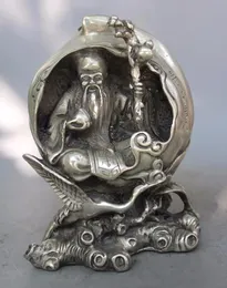 Chinois Cuivre Placering Argent à la Main Sculpté Dieu de la Longévité Bouddha Statue