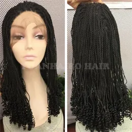 Fashion short kinky twist braided lace front wigs glueless natural black wig with curly tips for african americans