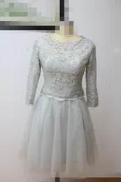2019 Newest Short Mother Of The Bride Dresses Lace Tulle Knee Length 3 4 Long Sleeves Mother Bride Dresses Short Prom Dresses233A