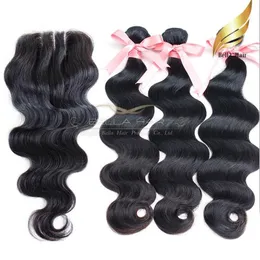 Peruvian Body Wave Haft Weft med Colsure Remy Human Hair 3 Part Lace Closure Hair Weaves Natural Color 8-30 tum Bellahair