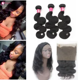 Virgin Brazilian Body Wavy Hair Bundles With 360 Lace Frontal Closure 1B Remy Peruvian Human Hair Weave With Frontal Piece Forawme Free Part