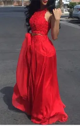 Sexy Red Two Pieces Prom Dresses Lace Long Sleeveless Jewel Neck Floor Length Chiffon Formal Evening Gowns Custom Cheap Maxi Dress