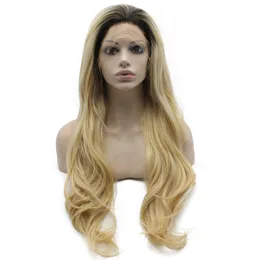 Lång vågig värmevänlig fiber hår ombre blond spets fram peruk
