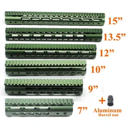 Olive Green anodiserad 7,9,10,12,13,5,15 '' Inch Keymod Handguard Rail Gratis Floating Picatinny Mount System Aluminium Barrel mutter