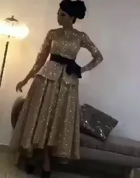 2018 Bling Hilo Вечерние платья с высоким воротником с длинными рукавами золоты