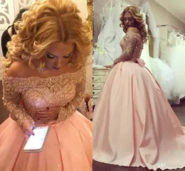 Z długim rękawem Peach Lace Prom Dresses Bling Bling Cekiny Zroszony Formalne Suknie Wieczorowe Graduation Suknie Party Off-Bore Illusion Dresses