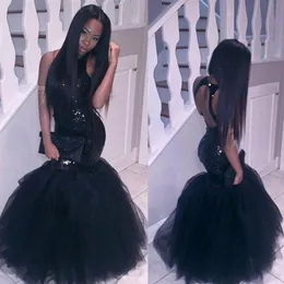 Sexig New Modest Black Girl Mermaid Prom Dress Sequined South African Long Formell Graduation Evening Party Gown Custom Gjorda Plus Storlek