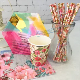 Wholesale- 48 Sets Floral Paper Tableware Country Chic Party Supplies Flower Straws Hexagon Foil Paper Plates Cups First Birthday Decor