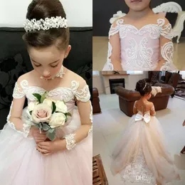Pink Ball Light Gown Flower Long Sleeves Lovely Sheer Jewel Neck Birthday Party Dresses For Little Girls With Appliques Bow