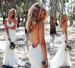 2019 Backless Wedding Suknie Syrenka Pasek Spaghetti Seksowna Pełna Koronkowa Suknia Ślubna Tanie Sweep Nive Back Boho White Bridal Dress